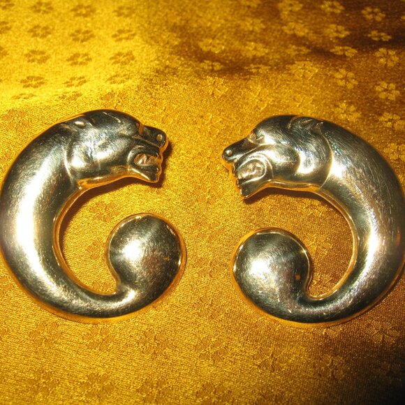 ❤️Stunning!  14K GOLD Panthere Panther Pierced with Omega Clip Earrings - Picture 1 of 8